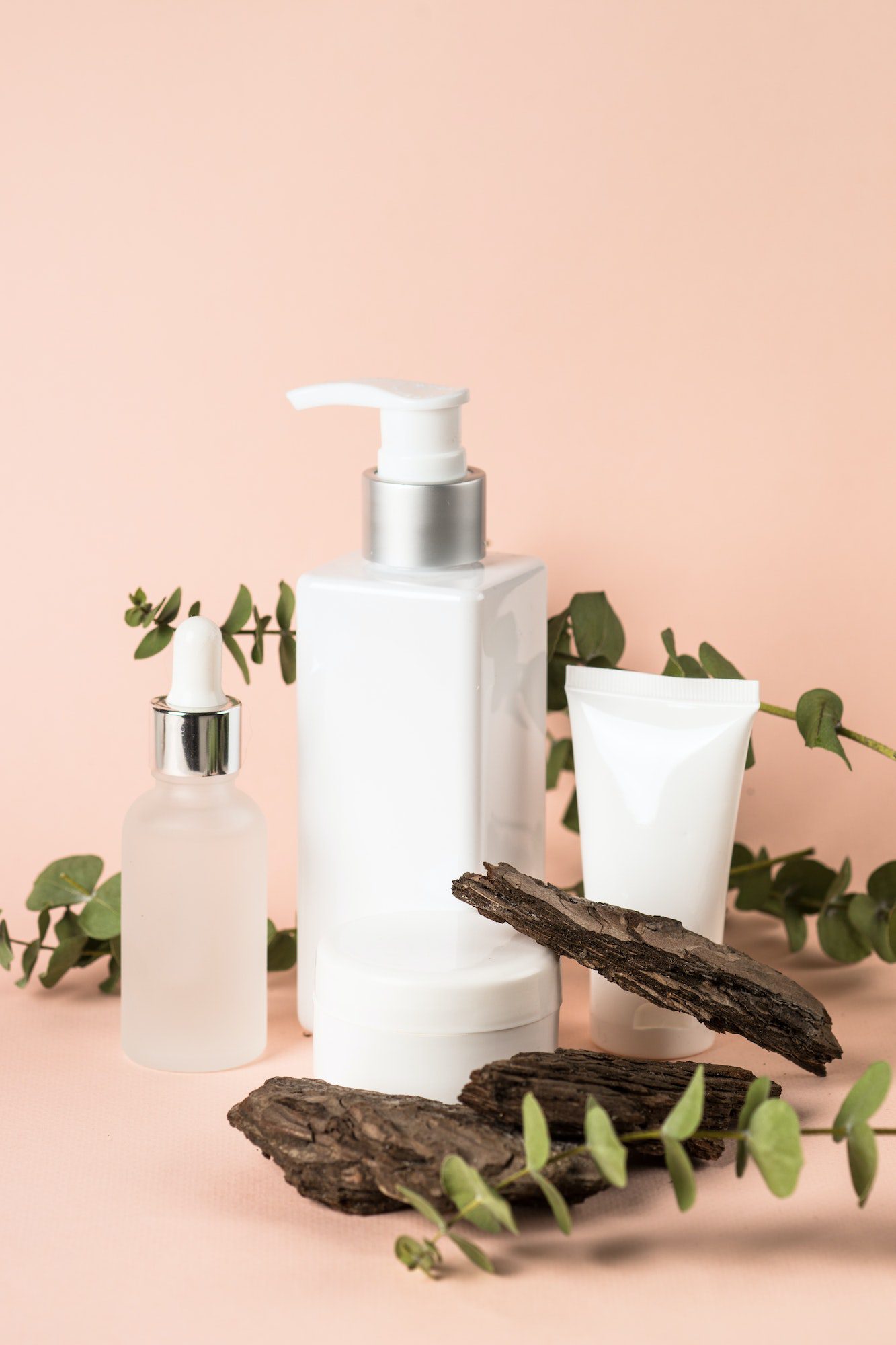 Skincare product with natural leaves and tree bark